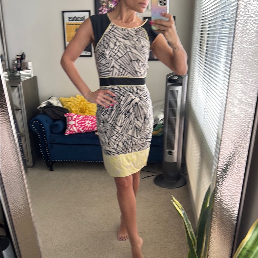 BCBGMaxAzria Black and White Sheath Midi Dress